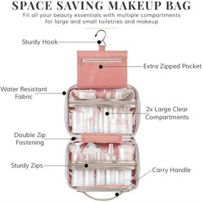 img 2 attached to 💄 Rose Gold Large Hanging Toiletry Bag for Women - Makeup Organizer with Hook and Clear Compartments by Lily England