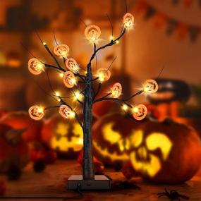 img 4 attached to 🎃 Nolyfy Освещенное черное березовое дерево: хэллоуинское рождественское декоративное украшение с оранжевыми светодиодами, 24 светодиодами, работающими от батареи, 12 тыквенных украшений и праздничными центральными композициями