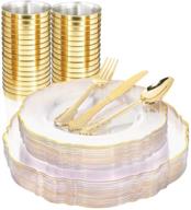 🍽️ wdf 30-guest clear plastic plates with gold rim & disposable silverware + gold plastic cups | set includes 30 dinner plates, 30 salad plates, 30 forks, 30 knives, 30 spoons, 30 tumblers logo