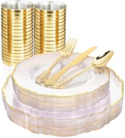 img 4 attached to 🍽️ WDF 30-Guest Clear Plastic Plates with Gold Rim & Disposable Silverware + Gold Plastic Cups | Set includes 30 Dinner Plates, 30 Salad Plates, 30 Forks, 30 Knives, 30 Spoons, 30 Tumblers