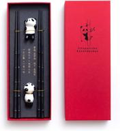 🥢 hausun 2 pairs of dishwasher safe reusable fiber glass chopsticks with porcelain cute panda chopstick holder - non-slip chinese japanese style chopsticks set, black logo