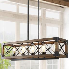 img 4 attached to 🏡 Farmhouse Chandelier for Dining Room: 5-Light Rectangular Design, Wood Kitchen Island Lighting, 31.5'' L