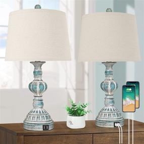 img 4 attached to 🏡 Farmhouse 3-Way Dimmable Touch Table Lamps with USB Ports - Set of 2 Coastal Bedroom Bedside Reading Lamps in Washed Blue