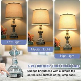 img 3 attached to 🏡 Farmhouse 3-Way Dimmable Touch Table Lamps with USB Ports - Set of 2 Coastal Bedroom Bedside Reading Lamps in Washed Blue