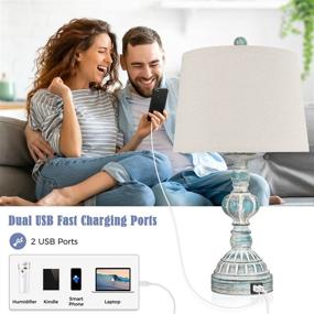 img 2 attached to 🏡 Farmhouse 3-Way Dimmable Touch Table Lamps with USB Ports - Set of 2 Coastal Bedroom Bedside Reading Lamps in Washed Blue