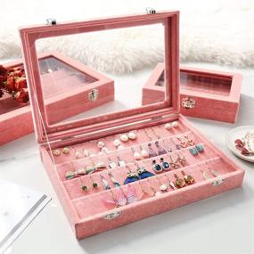 img 3 attached to 🍑 Wuligirl Velvet Clear Lid Earring Organizer - Jewelry Display Showcase Holder Case for Earrings Storage, Stackable & Lockable (Peach Earring)