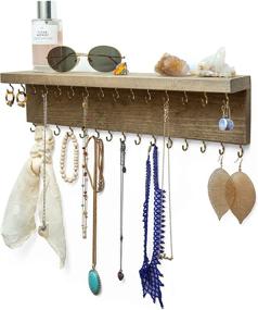 img 4 attached to Rustic Wood Ilyapa Wall Mounted Jewelry Organizer Shelf - Necklace Holder, Earring & Bracelet Hanger Rack