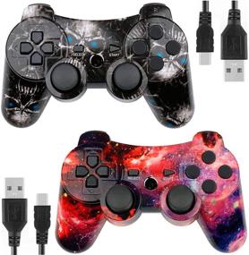 img 4 attached to 🎮 Kolopc Wireless Controller for PS3 Console - Double Vibration, 6-Axis Gyro Sensor - Upgraded Joystick Motion Gamepad with Charging Cable (Black Skull and Galaxy)