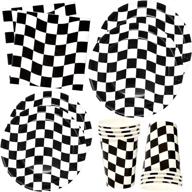 checkered racing party supplies: tableware set with plates, cups, napkins – perfect for racecar themed birthday party! logo
