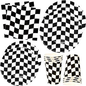 img 4 attached to Checkered Racing Party Supplies: Tableware Set with Plates, Cups, Napkins – Perfect for Racecar Themed Birthday Party!
