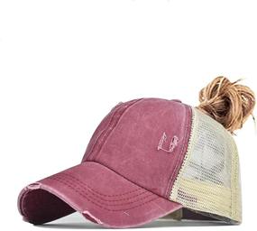 img 4 attached to 🧢 Washed Distressed Mesh Womens Baseball Cap - Criss Cross Ponytail Hat for Women