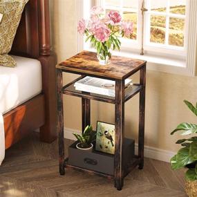 img 1 attached to 🏭 Rustic Brown Rolanstar Tall Side Table: Industrial End Table with Adjustable Mesh Shelves, Storage Bin, Metal Frame, and Retro Nightstand