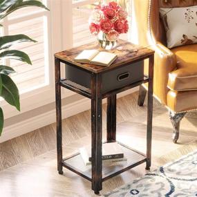 img 3 attached to 🏭 Rustic Brown Rolanstar Tall Side Table: Industrial End Table with Adjustable Mesh Shelves, Storage Bin, Metal Frame, and Retro Nightstand
