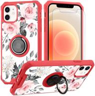 iphone 12 case rose floral grey leaves design with ring holder kickstand 360 degree stand screen protector (work with magnetic car mount) women girls protective flower cover for iphone 12 6 logo