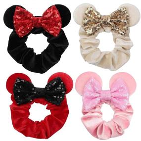 img 4 attached to 🎀 Set of 4 Women's Mouse Ear Scrunchies: Velvet Sequin Bow Hair Ties for Women, Girls, and Kids