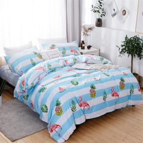 img 3 attached to 🍍 LAMEJOR Pineapple/Flamingo Duvet Cover Set - Queen Size, Luxury Soft Bedding with White/Light Blue Striped Design - Includes 1 Duvet Cover and 2 Pillowcases