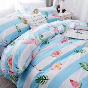 img 2 attached to 🍍 LAMEJOR Pineapple/Flamingo Duvet Cover Set - Queen Size, Luxury Soft Bedding with White/Light Blue Striped Design - Includes 1 Duvet Cover and 2 Pillowcases