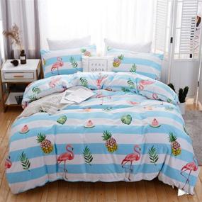 img 4 attached to 🍍 LAMEJOR Pineapple/Flamingo Duvet Cover Set - Queen Size, Luxury Soft Bedding with White/Light Blue Striped Design - Includes 1 Duvet Cover and 2 Pillowcases