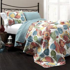 img 4 attached to 🌺 Lush Decor Layla Quilt Floral Leaf Print 3-Piece Reversible Bedding Set, King Size, Orange & Blue