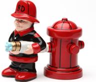 🧑 ceramic magnetic salt and pepper shaker set - fireman with hose and hydrant, 4 inch - novelty gift logo