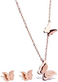 img 4 attached to 🦋 Изысканный набор сережек с подвеской на ожерелье WDSHOW из 18-каратного розового золота: идеально для женщин.