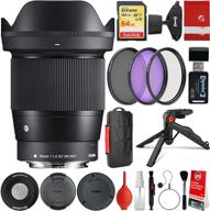 📷 sigma 16mm f/1.4 dc dn contemporary lens sony e-mount package includes 64gb memory card, ir remote control, 3 piece filter set, wrist strap, card reader, memory card case, and tabletop tripod logo