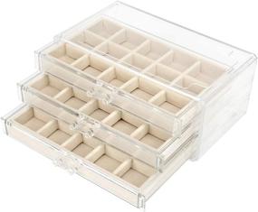 img 3 attached to FEISCON Acrylic Jewelry Organizer: 3-Drawer Clear Box with Adjustable Velvet Trays for Makeup & Cosmetics Storage