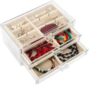 img 1 attached to FEISCON Acrylic Jewelry Organizer: 3-Drawer Clear Box with Adjustable Velvet Trays for Makeup & Cosmetics Storage