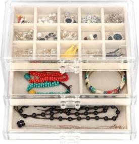 img 2 attached to FEISCON Acrylic Jewelry Organizer: 3-Drawer Clear Box with Adjustable Velvet Trays for Makeup & Cosmetics Storage