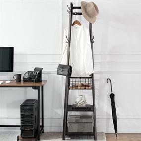 img 2 attached to 🧥 VECELO Coat Rack with Storage Shelves, Metal Basket, and 8 Dual Hooks - Industrial Enterway Clothes Stand | Black