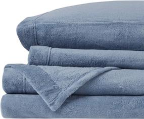 img 1 attached to 🛏️ True North by Sleep Philosophy Soloft Plush Bed Sheet Set, Wrinkle Resistant, Warm, Soft Fleece Sheets - 14&#34; Deep Pocket, Cold Season Cozy Bedding, Matching Pillow Case - King Size, Blue - 4 Piece