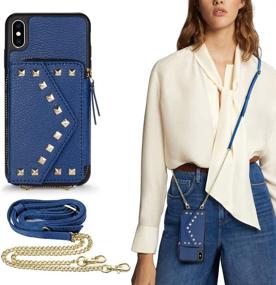 img 4 attached to 📱 Stylish iPhone X Crossbody Zipper Wallet Case by LAMEEKU - Navy Blue, with Rivet Card Slot, Shockproof Kickstand, and Magnetic Clasp for Women