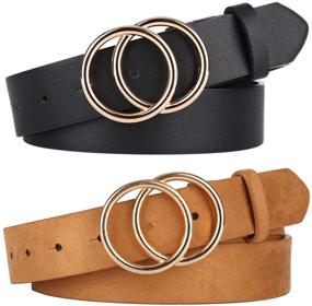 img 4 attached to 2-Pack Women's Jeans Belts with Trendy Double O-Ring Buckle & Faux Leather