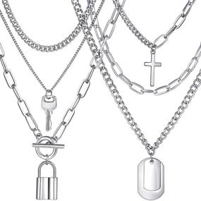 img 4 attached to Stylish Layered Chain Necklace Set with Lock and Key Pendant, Trendy Punk Egirl Eboy Chains – Stainless Steel Paperclip Jewelry for Unique Gifts