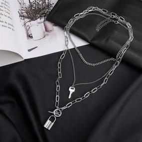 img 1 attached to Stylish Layered Chain Necklace Set with Lock and Key Pendant, Trendy Punk Egirl Eboy Chains – Stainless Steel Paperclip Jewelry for Unique Gifts
