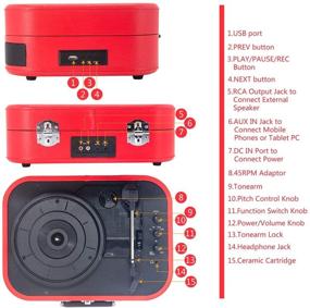 img 2 attached to 🎵 LP&No.1 Портативный вертак с Bluetooth и USB-проигрыванием и записью, 3-х скоростной виниловый проигрыватель - Кейсный дизайн с регулировкой тона, RCA-выходом и AUX-входом - Красный