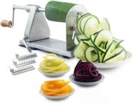 pop design stainless steel vegetable spiralizer: commercial grade cutter for curly fries, noodles, and zoodles - 3 blade size cutters, wooden handle, no-slip suction base logo