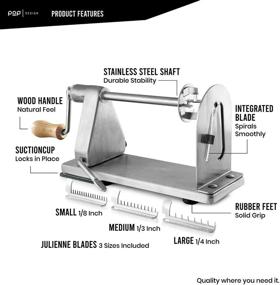 img 3 attached to POP Design Stainless Steel Vegetable Spiralizer: Commercial Grade Cutter for Curly Fries, Noodles, and Zoodles - 3 Blade Size Cutters, Wooden Handle, No-Slip Suction Base