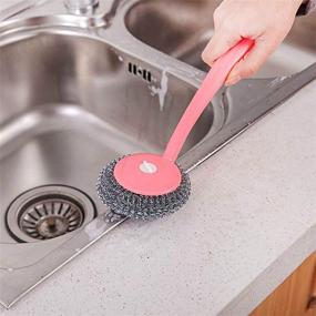 img 2 attached to 🧽 Kitchen Plastic Handle Cleaning Ball Brush: Stainless Steel Scrubber for Dishes, Cutting Boards, Pots, Sinks - Includes 8 Replacement Steel Wire Balls and 1 Handle Set (Pink)