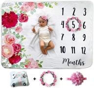 🌸 premium baby monthly milestone blanket with floral wreath & headband - 1 to 12 months, extra soft fleece, perfect photography backdrop photo prop for newborns, baby girls (floral pink) logo