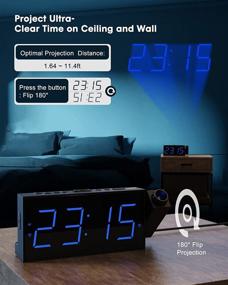 img 3 attached to 🛏️ Bedroom Projection Alarm Clock, LED Digital Clock with Ceiling Wall Projection, USB Phone Charging, Battery Backup, 180° Projector & Dimmer, 12/24H, DST, Snooze, Dual Loud Bedside Clock for Heavy Sleepers