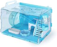 transparent acrylic small animal cage with complete hamster accessories: wheel, bedding, chew toys, water bottle, dish, and hideout логотип