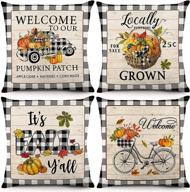 fall pillow covers set of 4: bowount 18x18 inch autumn decorations for sofa and home decor - farmhouse buffalo plaid, wood pattern linen cushion case логотип