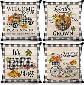 img 4 attached to Fall Pillow Covers Set of 4: Bowount 18x18 Inch Autumn Decorations for Sofa and Home Decor - Farmhouse Buffalo Plaid, Wood Pattern Linen Cushion Case