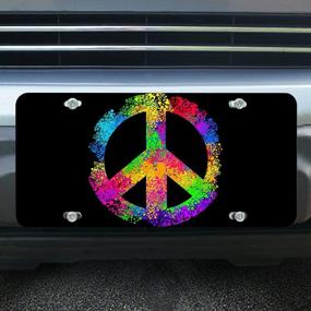 img 1 attached to Lefolen Rainbow Hippie Symbol Car Front License Plate Retro Love Peace Sign Two Fingers As Victory On Black Decorate License Plates Cover 6&#34