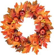 autumn maple leaf harvest thanksgiving door wreath - 19 inch fall wreath with pumpkins, pinecone, maple leaf and berry - ideal for front door логотип