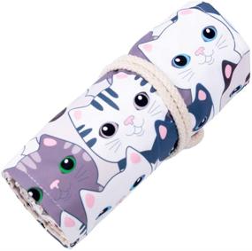 img 1 attached to 🐱 Molshine Handmade Canvas Cute Cat Style Colored Pencils Wrap - 48 Holes: Roll up Pen Holder Case - Cute, Multi-Purpose and No Pencil Included