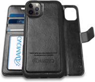 amovo compatible with iphone 12 pro/iphone 12 wallet case detachable [vegan leather] [hand strap] [card slot] [stand feature] flip folio phone case compatible with iphone 12/iphone 12 pro (black) logo