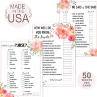 mama peg floral bridal shower games - set of 3 | 50 games each | 5x7 inches | including he said vs she said, what's in your purse, and how well do you know the bride? | made in usa logo