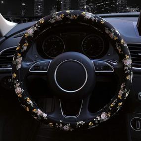 img 2 attached to 🌺 BINSHEO Автомобильный рулевой чехол из кожзаменителя с цветочным узором - для женщин и девочек, антипровальное, безвредное, универсальный размер 15 дюймов, китайский стиль - черный с цветами